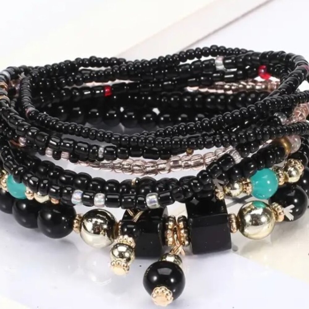 NEW - Black Resin Beaded Bohemian Stackable Bracelet